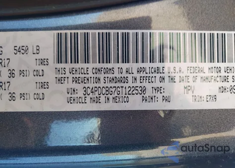 2016 Dodge Journey Sxt z USA, uszkodzony, nr VIN 3C4PDCBG7GT122530